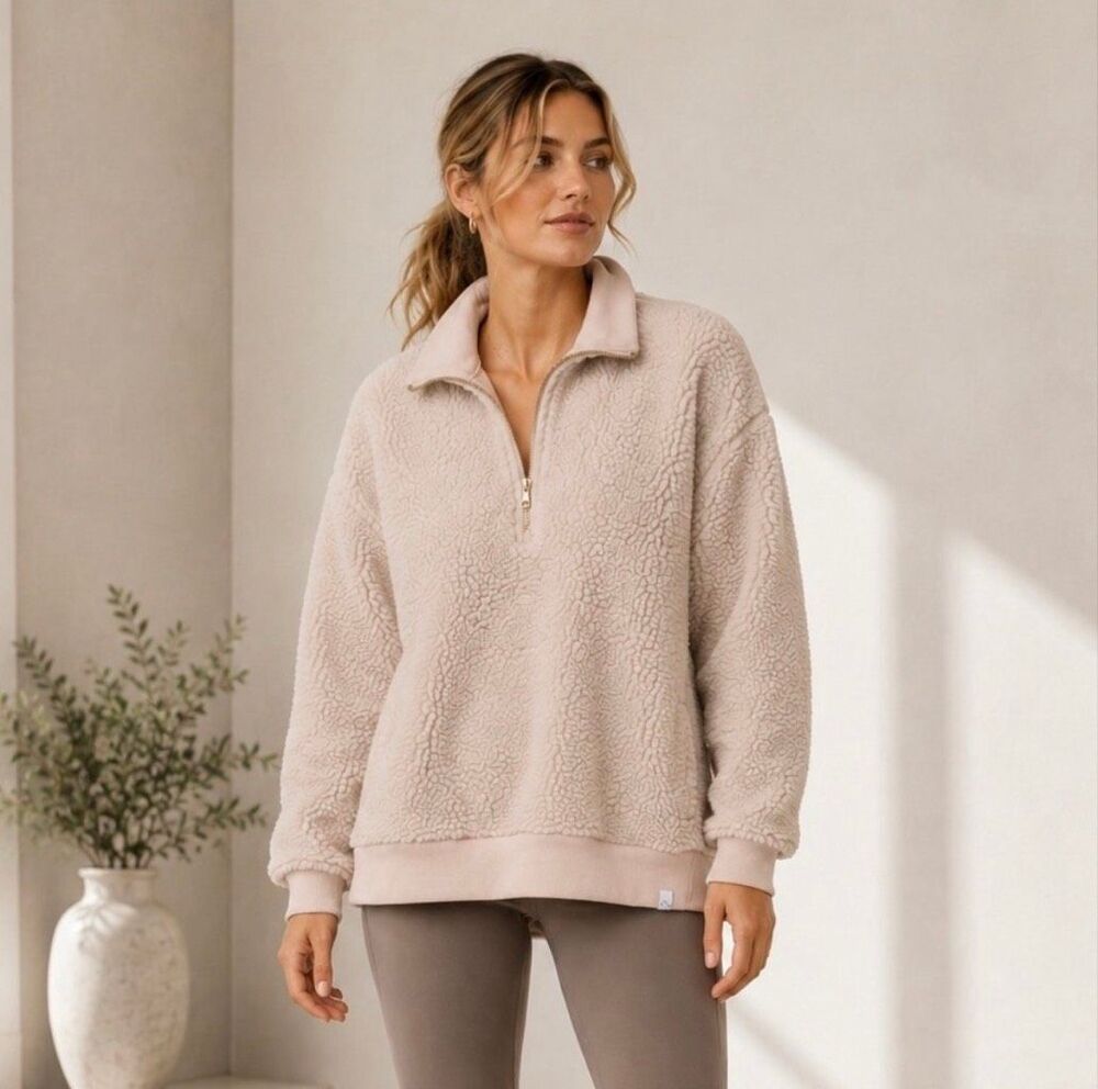 Varley Daphne Sherpa Fleece Half Zip Pullover Blush Cream Gold Zip XS